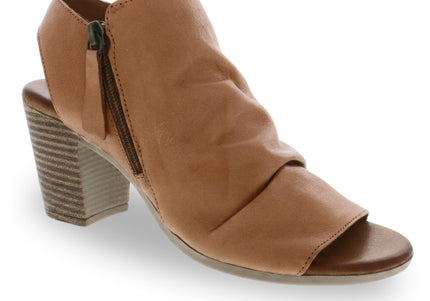 Norah block heel sandal in tan leather with open toe and side zip