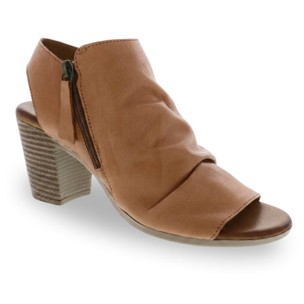 Norah block heel sandal in tan leather with open toe and side zip