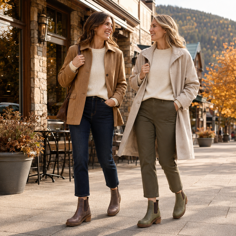 Two women walking and smiling on a sunny outdoor town street, dressed in coordinated fall outfits. One wears a camel jacket over a cream sweater with dark blue jeans and brown ankle boots.