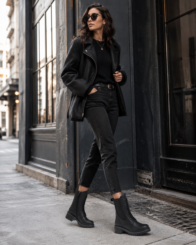 A woman wearing a black leather jacket, black t-shirt, black skinny jeans, and black lace-up ankle boots walks on a city sidewalk next to a dark building.