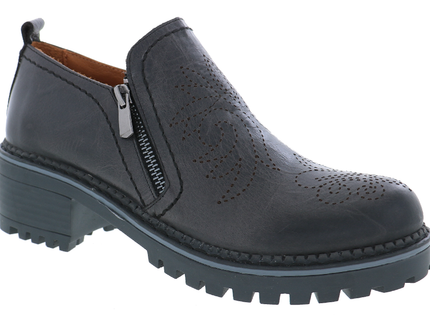 A dark gray slip-on shoe with a side zipper, decorative perforated detailing on the toe, and a chunky lug sole, shown against a plain white background.