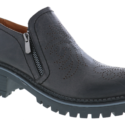 A dark gray slip-on shoe with a side zipper, decorative perforated detailing on the toe, and a chunky lug sole, shown against a plain white background.