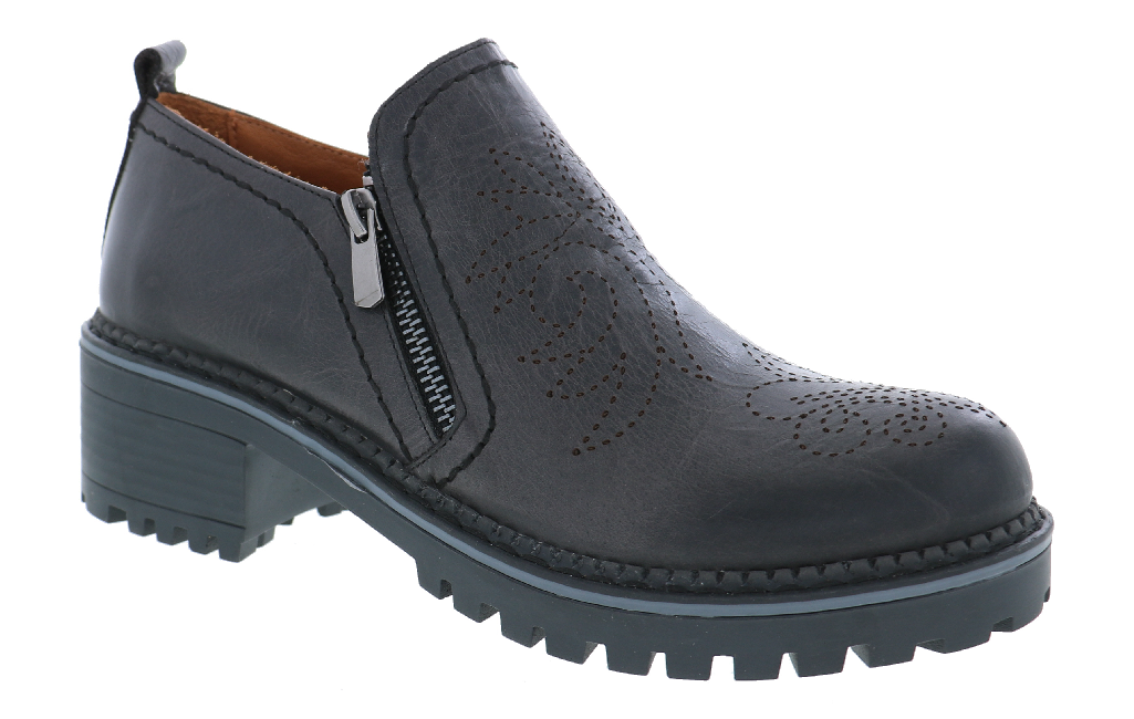 A dark gray slip-on shoe with a side zipper, decorative perforated detailing on the toe, and a chunky lug sole, shown against a plain white background.