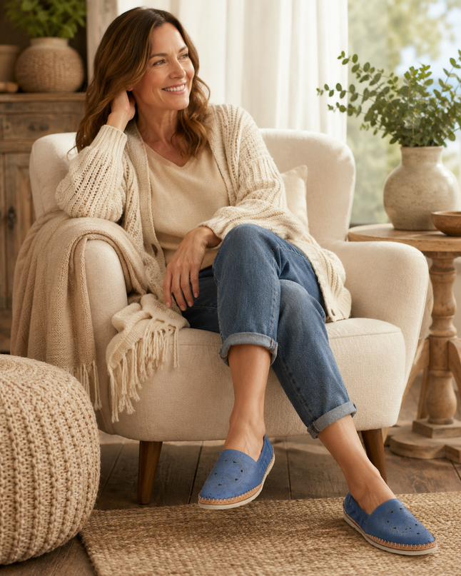 A woman sits in a cream armchair in a bright, cozy room, wearing a chunky cream knit cardigan, a cream top, blue jeans, and blue slip-on espadrille-style shoes.