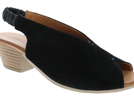 BIZA Carly black suede peep-toe slingback sandal in a three-quarter view with an elastic heel strap and stacked heel.