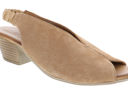 BIZA Carly cognac leather peep-toe slingback sandal in a three-quarter view with an elastic heel strap and stacked heel.
