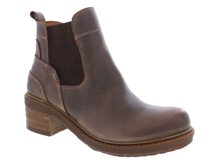 BIZA Gloria hickory brown leather ankle boot in a three-quarter view with a two-inch stacked heel.