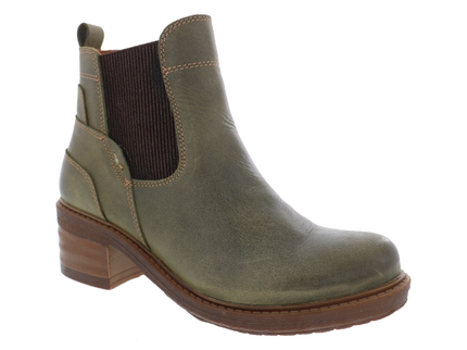 BIZA Gloria olive leather ankle boot in a three-quarter view with a two-inch stacked heel.