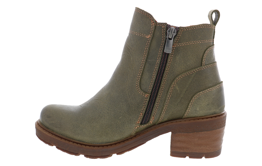 An olive green leather ankle boot with a side zipper, brown block heel, and brown sole, shown from a side profile on a white background.
