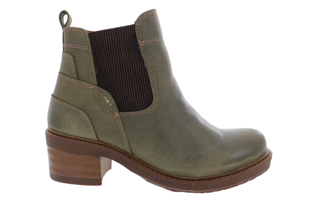An olive green leather Chelsea boot with a dark brown ribbed elastic side panel and a stacked brown block heel, shown from a side profile on a white background.