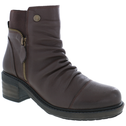A dark brown leather ankle boot with a side zipper, a small gold-tone snap button, and a chunky dark block heel, shown against a plain white background.