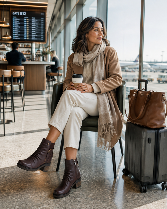 A woman sits in a chair inside an airport terminal, wearing a beige scarf, tan jacket, cream pants, and dark brown ankle boots. She holds a coffee cup next to a brown leather tote bag and a gray rolling suitcase.