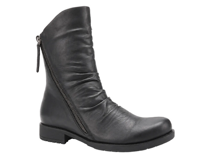 A black leather ankle boot with a side zipper, shown from a three-quarters angle against a light gray background.