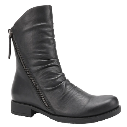 A black leather ankle boot with a side zipper, shown from a three-quarters angle against a light gray background.
