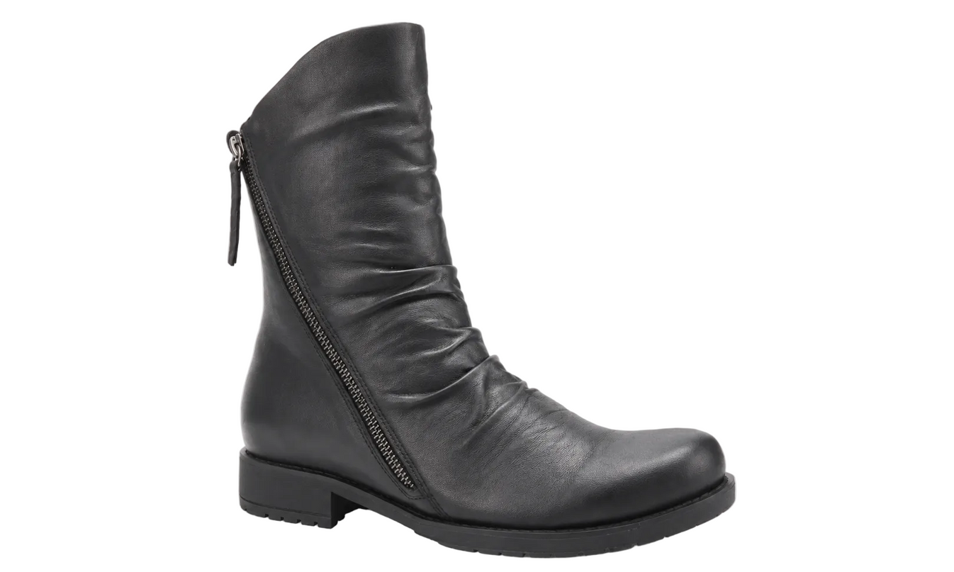 A black leather ankle boot with a side zipper, shown from a three-quarters angle against a light gray background.