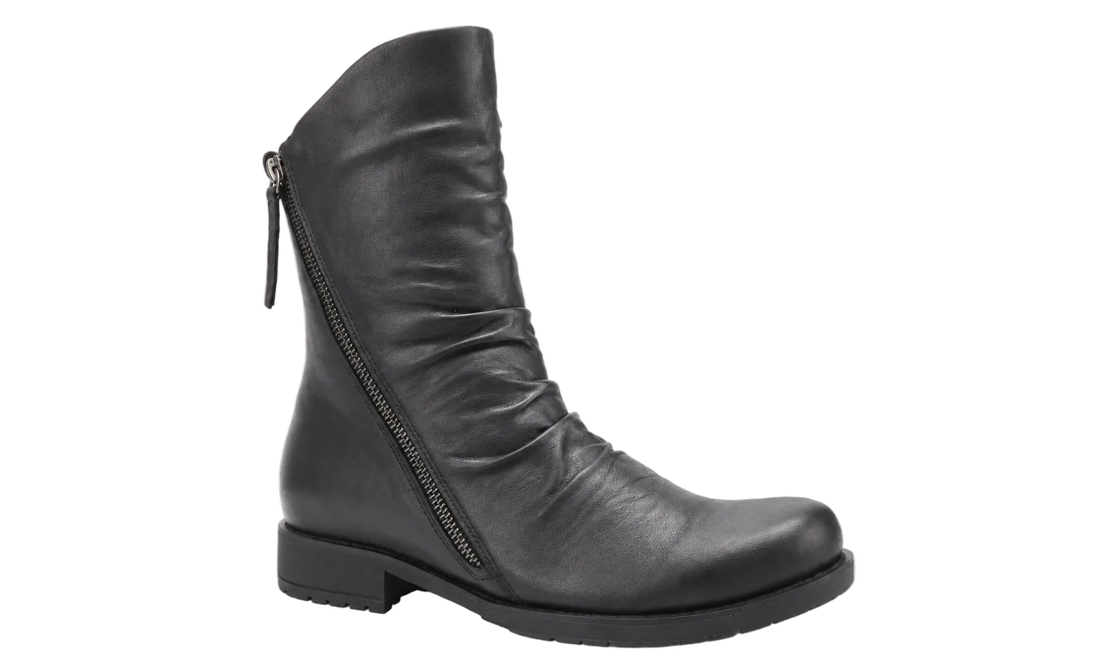 A black leather ankle boot with a side zipper, shown from a three-quarters angle against a light gray background.