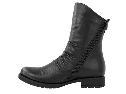 A black leather ankle boot with a side zipper, low block heel, and rounded toe, shown from a side profile on a light gray background.