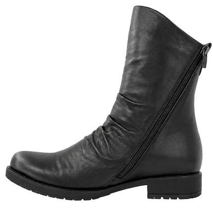A black leather ankle boot with a side zipper, low block heel, and rounded toe, shown from a side profile on a light gray background.
