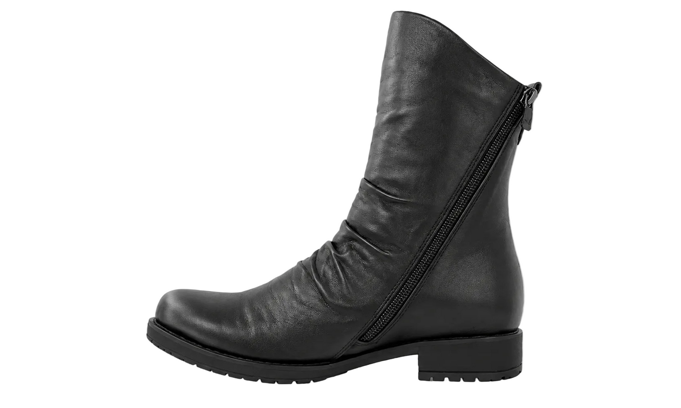 A black leather ankle boot with a side zipper, low block heel, and rounded toe, shown from a side profile on a light gray background.
