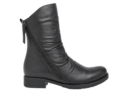 A black leather ankle boot with a side zipper and a low block heel, shown from a side profile view against a light gray background.