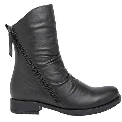A black leather ankle boot with a side zipper and a low block heel, shown from a side profile view against a light gray background.