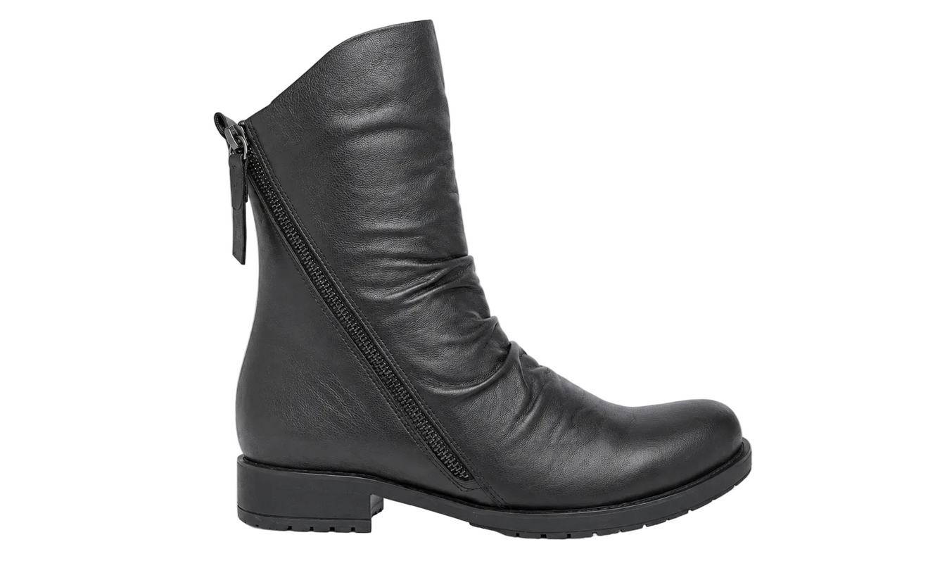 A black leather ankle boot with a side zipper and a low block heel, shown from a side profile view against a light gray background.