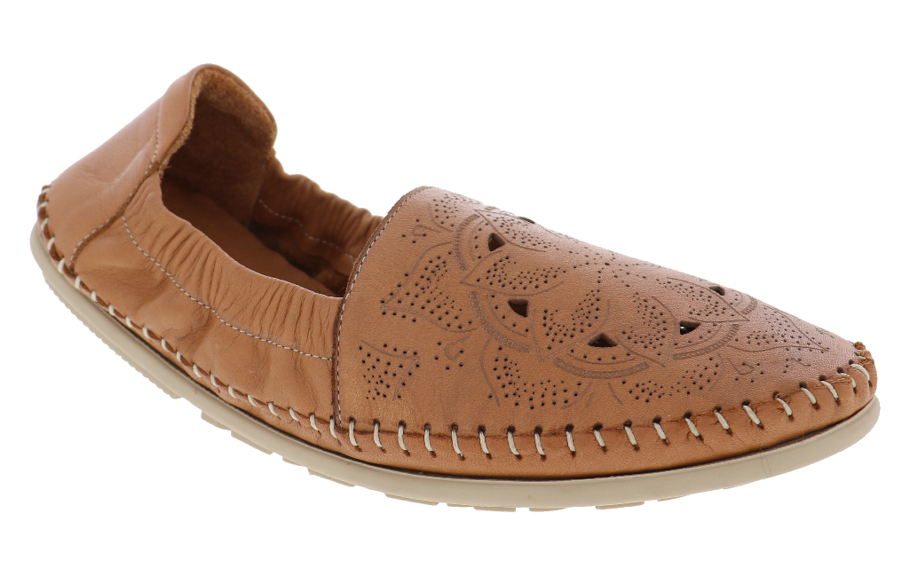 Tan burnished leather loafer shoe on a white background