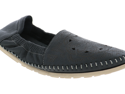 BIZA Joy black leather moccasin in a three-quarter view with floral perforations, contrast handstitching, and an elasticized heel.