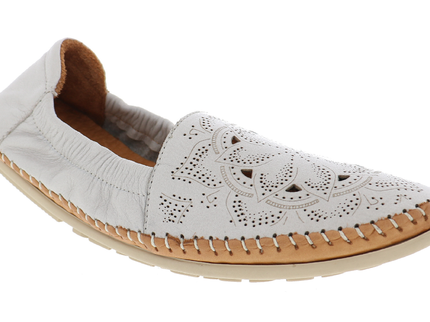 BIZA Joy silver-grey multi leather moccasin in a three-quarter view with floral perforations, handstitching, and a tan toe edge.