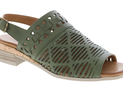 Olive leather Kyra open-toe slingback sandal in a three-quarter front view, featuring laser-cut detailing, an adjustable buckle and low stacked heel.
