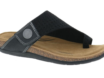 Black stretch-knit Lola toe-post sandal with a contrast-stitched leather side panel, silver-tone medallion, contoured cork footbed and flexible outsole.