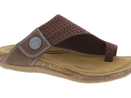 Brown stretch-knit Lola toe-post sandal with a contrast-stitched leather side panel, silver-tone medallion, contoured cork footbed and tonal outsole.