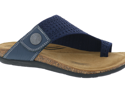 Navy stretch-knit Lola toe-post sandal with a stitched leather side panel, silver-tone medallion, contoured cork footbed and flexible black outsole.