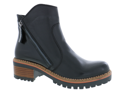 A black leather ankle boot with a side zipper, chunky brown block heel, and a black lug sole, shown from a three-quarters angle on a white background.