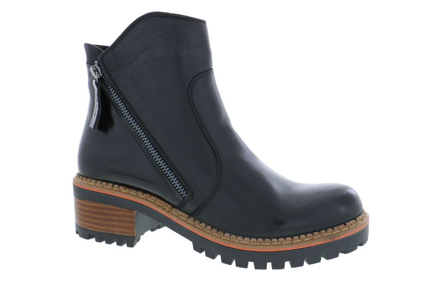 A black leather ankle boot with a side zipper, chunky brown block heel, and a black lug sole, shown from a three-quarters angle on a white background.