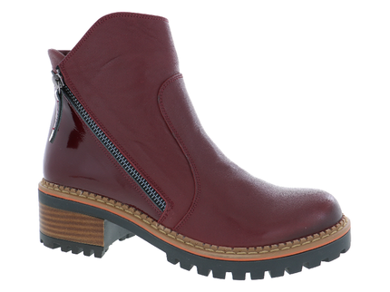 BIZA Whitley wine leather ankle boot with side zipper, stacked heel and lug outsole, side view.