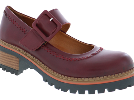 BIZA Winona burgundy leather Mary Jane loafer with buckle strap and lug outsole, three-quarter studio view.