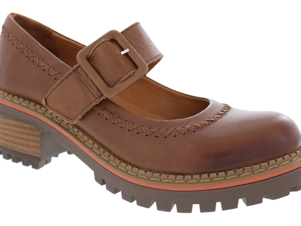 BIZA Winona tan leather Mary Jane loafer with buckle strap and lug outsole, three-quarter studio view.