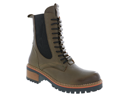 BIZA Winslow olive leather lace-up ankle boot in a three-quarter view with a lug sole.