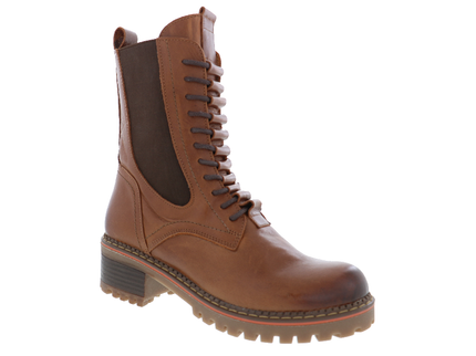 BIZA Winslow tan leather lace-up ankle boot in a three-quarter view with a lug sole.