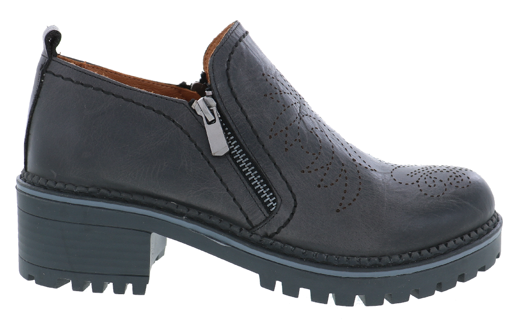 A dark gray leather slip-on shoe with a side zipper, decorative perforations on the toe, and a chunky lug sole, shown against a plain white background.